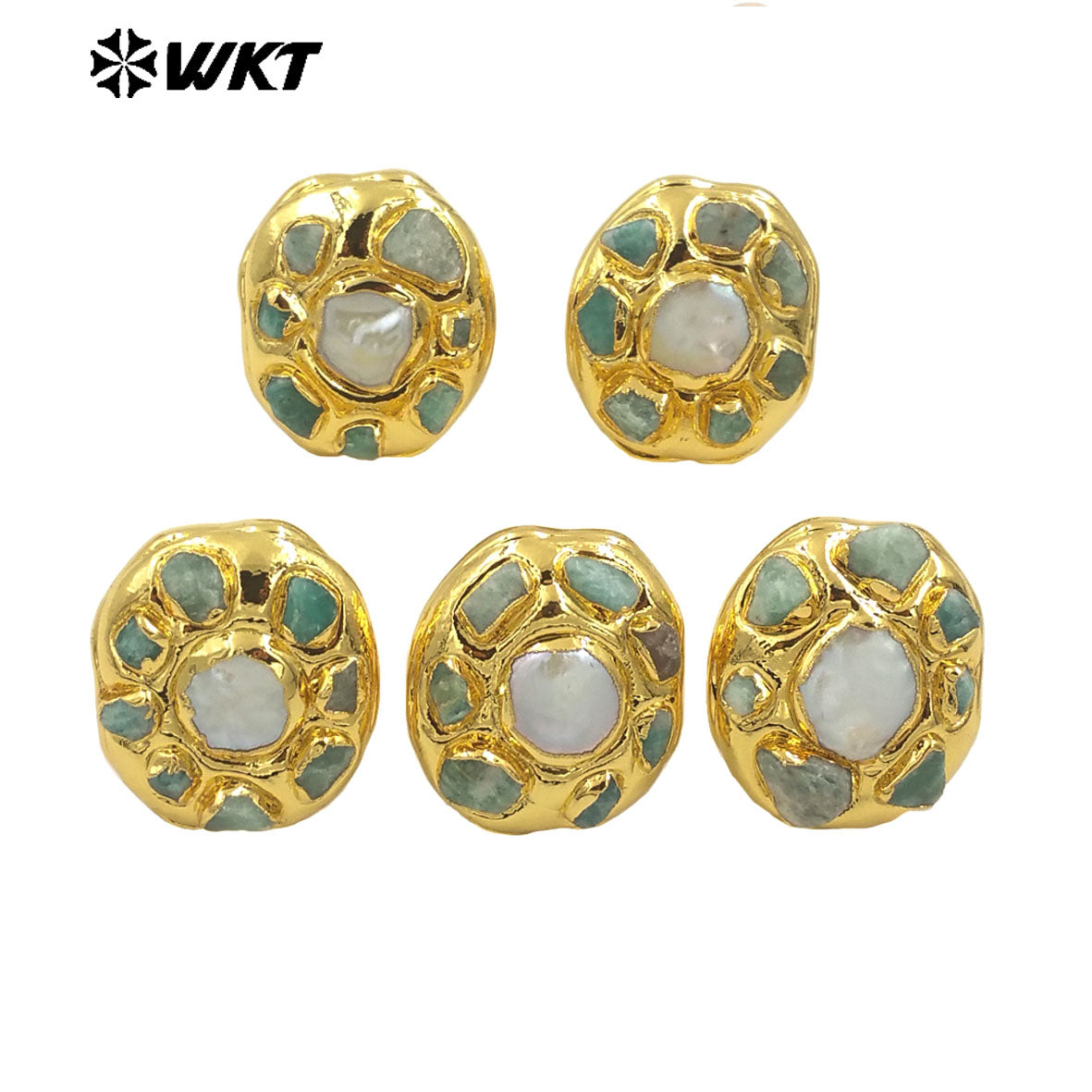 WT-MPR086 Wholesale Fashion 18K Gold Plated Handmade Amazonite Tiny Stone Decorative With Pearl Women Cocktail Ring