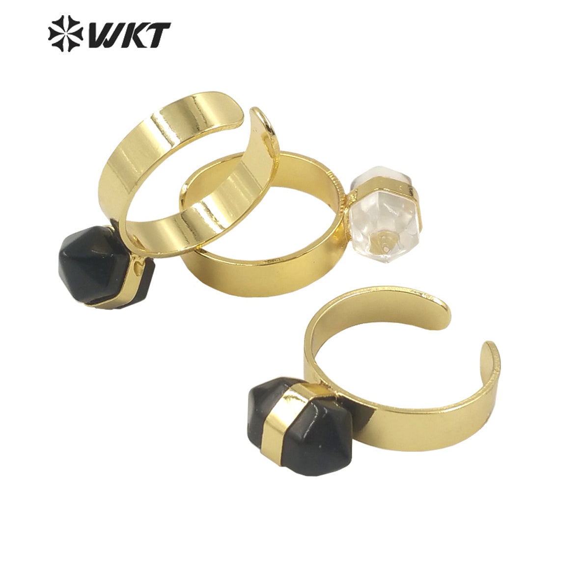 WT-R385 WKT 2022 Beautiful Crystal Amethyst Black Obsidian Hexagon Rings Natural Stone Rings Gold Plated Quartz Point Ring