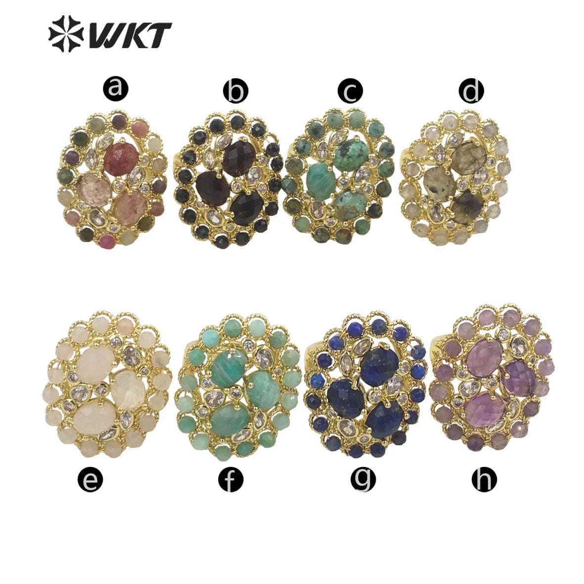 WT-R457 WKT New Design Fashion Gold Bezel Natural Stone by Claw Setting Ring Gorgeous Big Multi Real Stone Women Ring
