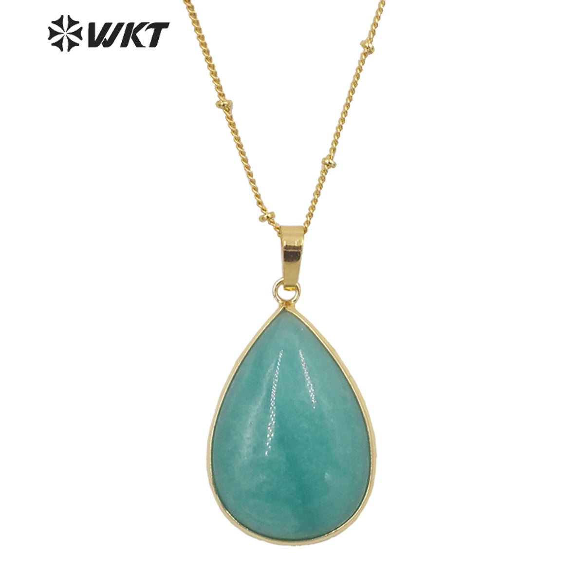 WT-N1292 Women 18 Inch Long Natural Teardrop Stone Necklace 18k Real Gold Plated Bezel Pear Drop Blue Necklace
