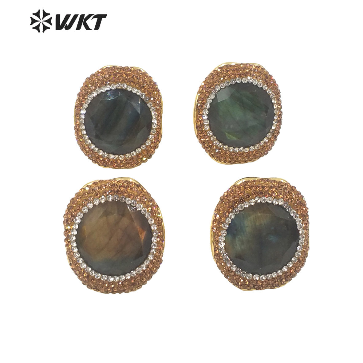 WT-R499 WKT New Design Flashy Round Faceted High Quality 18K Gold Bezel Rhinestone Around Labradorite Stone Ring