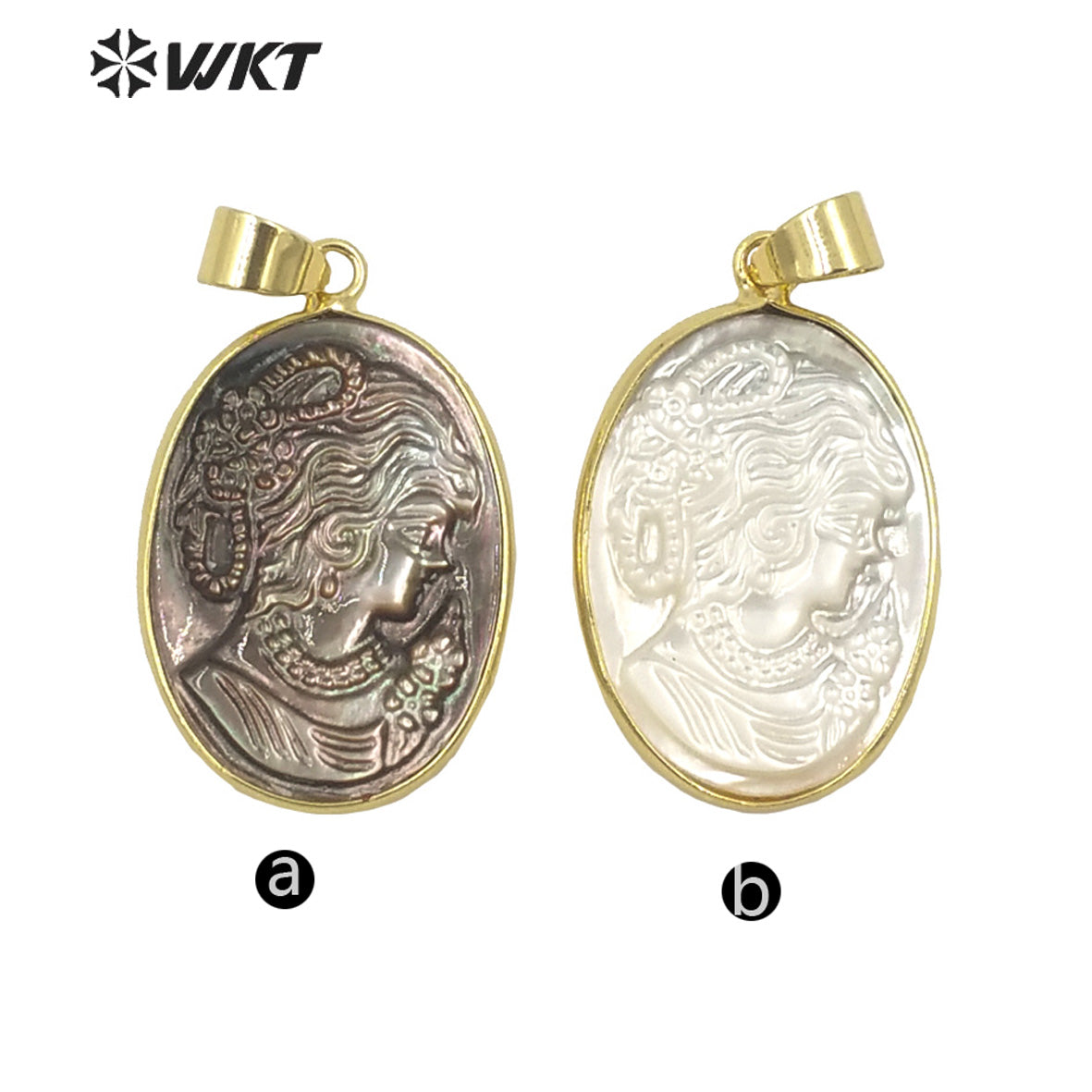 WT-JP267 Super Beauty Design with Gold Bezel Women Natural Shell Made Hand Carved the Beauty Women Photo Pendant for Necklace