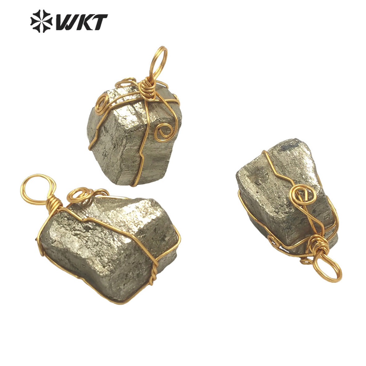 WT-P1767 Original Design Gold Plated Brass Wire Wrapped Pyrite Pendants Natural Stone Necklace Pendant Women Jewelry Making Gift