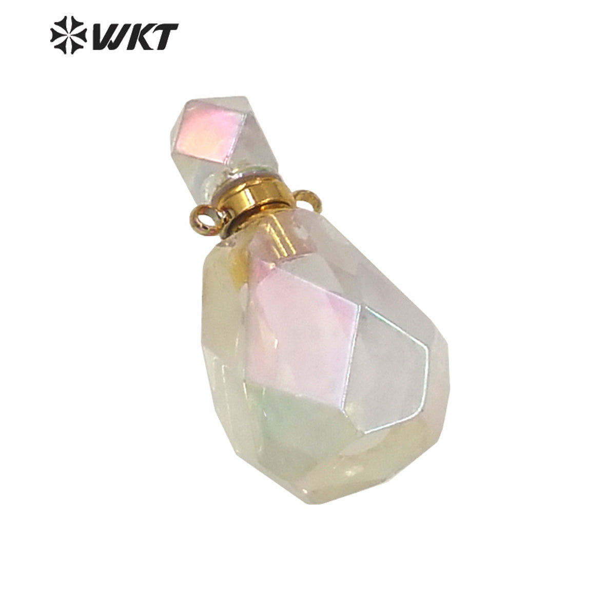 WT-P1593 WKT Exclusive New Amazing Gold Aura Crystal Quartz Faceted Perfume Oil Pendant Hotsale Women Angel Color Bottle Pendant