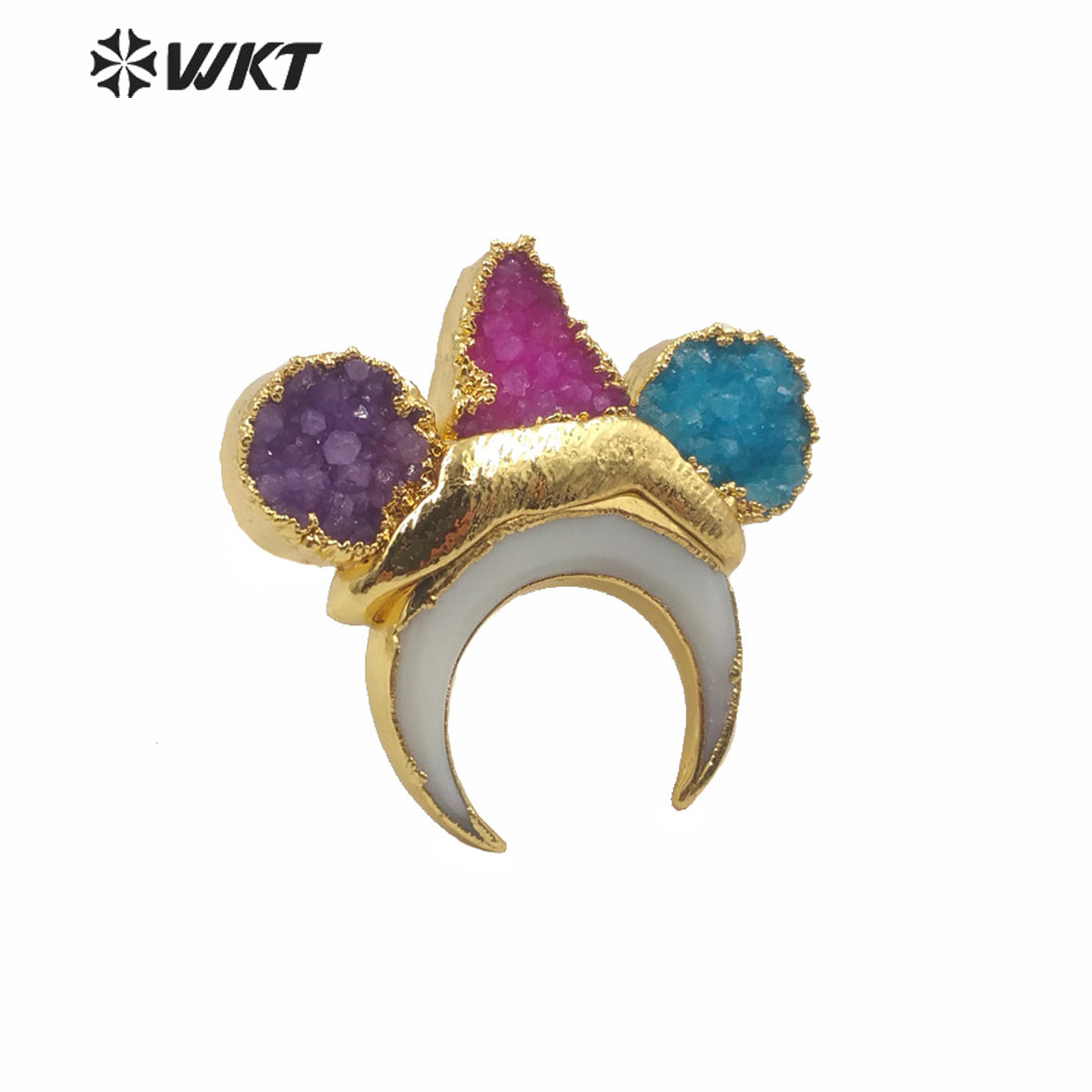 WT-MPR004 Amazing Unique Natural Druzy Stone Crescent Moon Ring High Quality Gold Electroplated Triple Stone Druzy Ring
