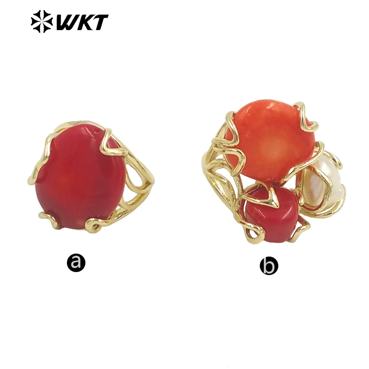 WT-MPR055 WKT Newest 18k Real Gold Plated Triple Stone Ring Lovely Women Natural Coral and Pearl Boho Ring for Gift