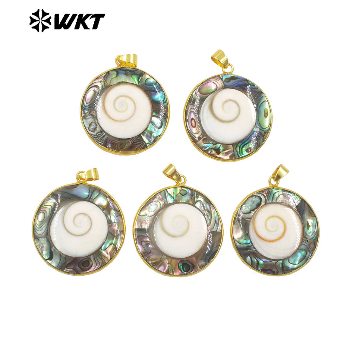WT-JN266 Wholesale Fashion Gold Bezel Round White Trumpet Shell Energy Pendant Necklace With 18 Inch Chain