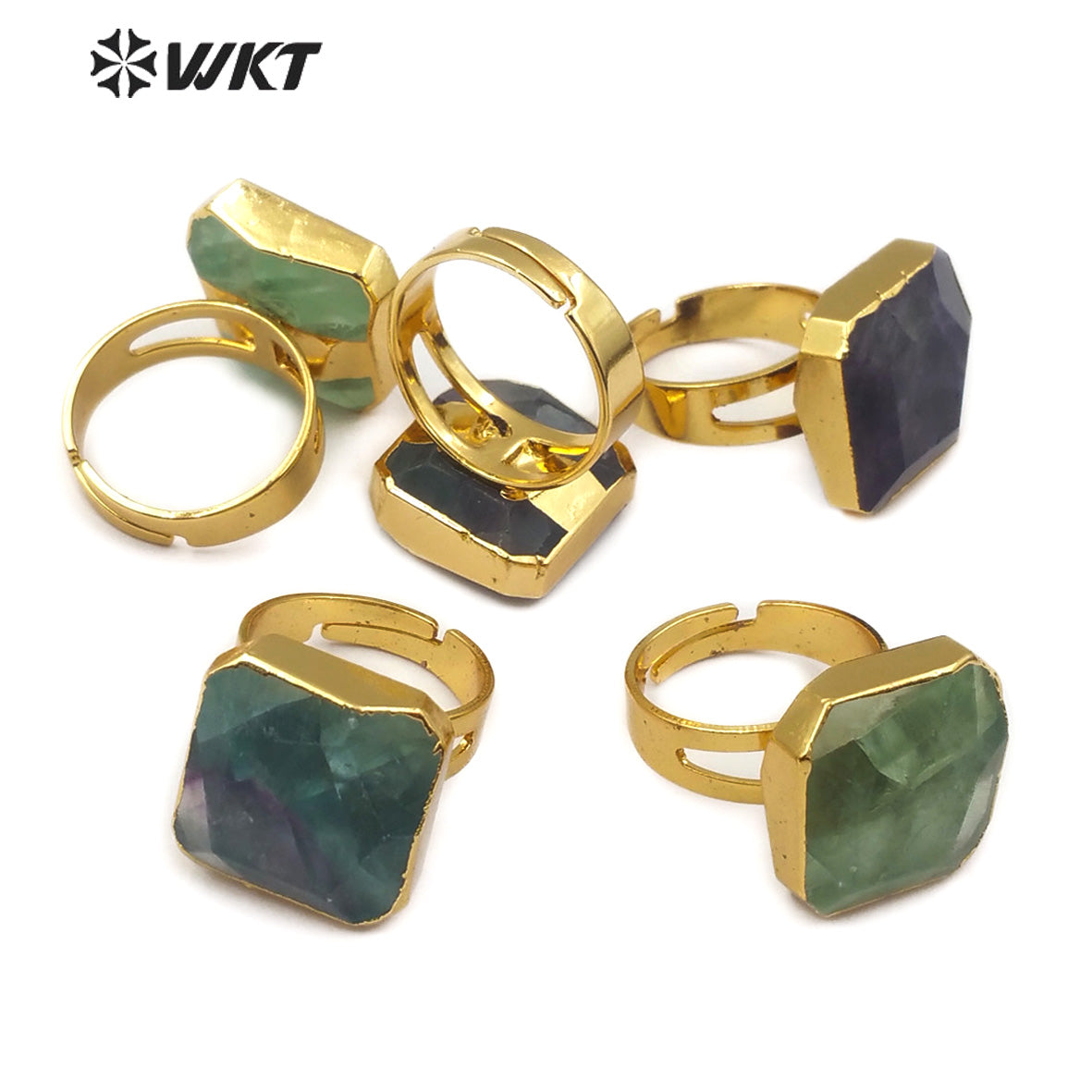WT-R211 Natural rainbow Fluorite square Gemstone Rings, Fashion Raw Fluorite Stone Rings with 18K Gold Dipped