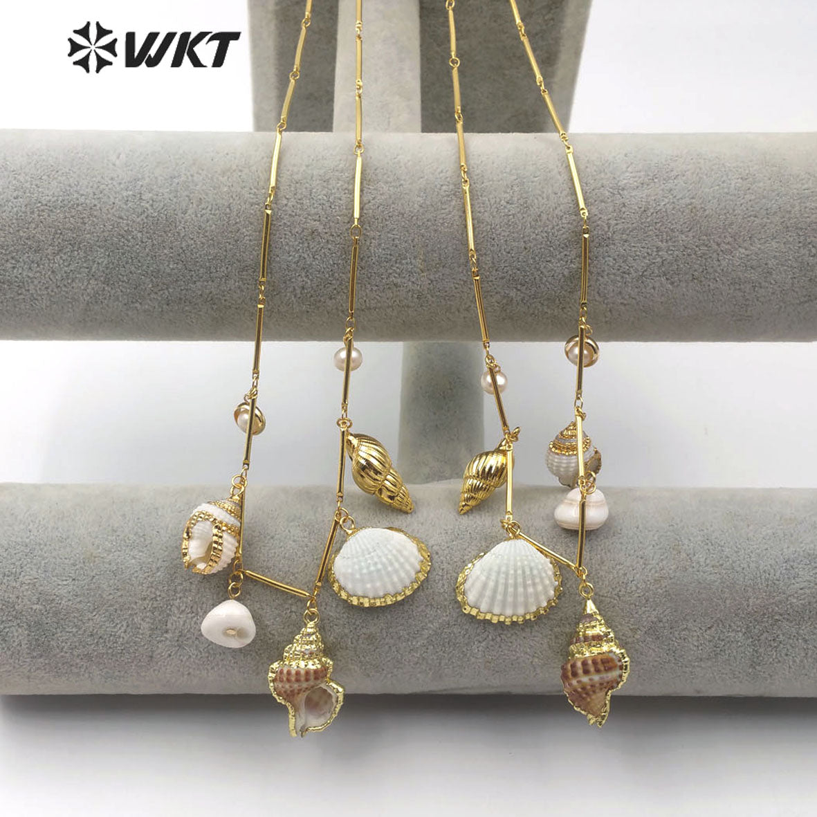 WT-JN098 New Design Natural Pearl and Trumpet Shell Necklace With Gold Electroplated Fashion Seashell Jewelry Necklace