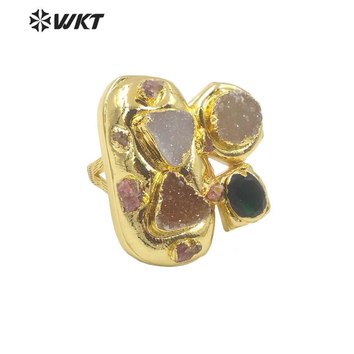 WT-R503 Gorgeous Amazing 18K Gold Plated Resist Tarishable Multi Druzy Agate Stones Big Cocktail Party Ring in Adjustable