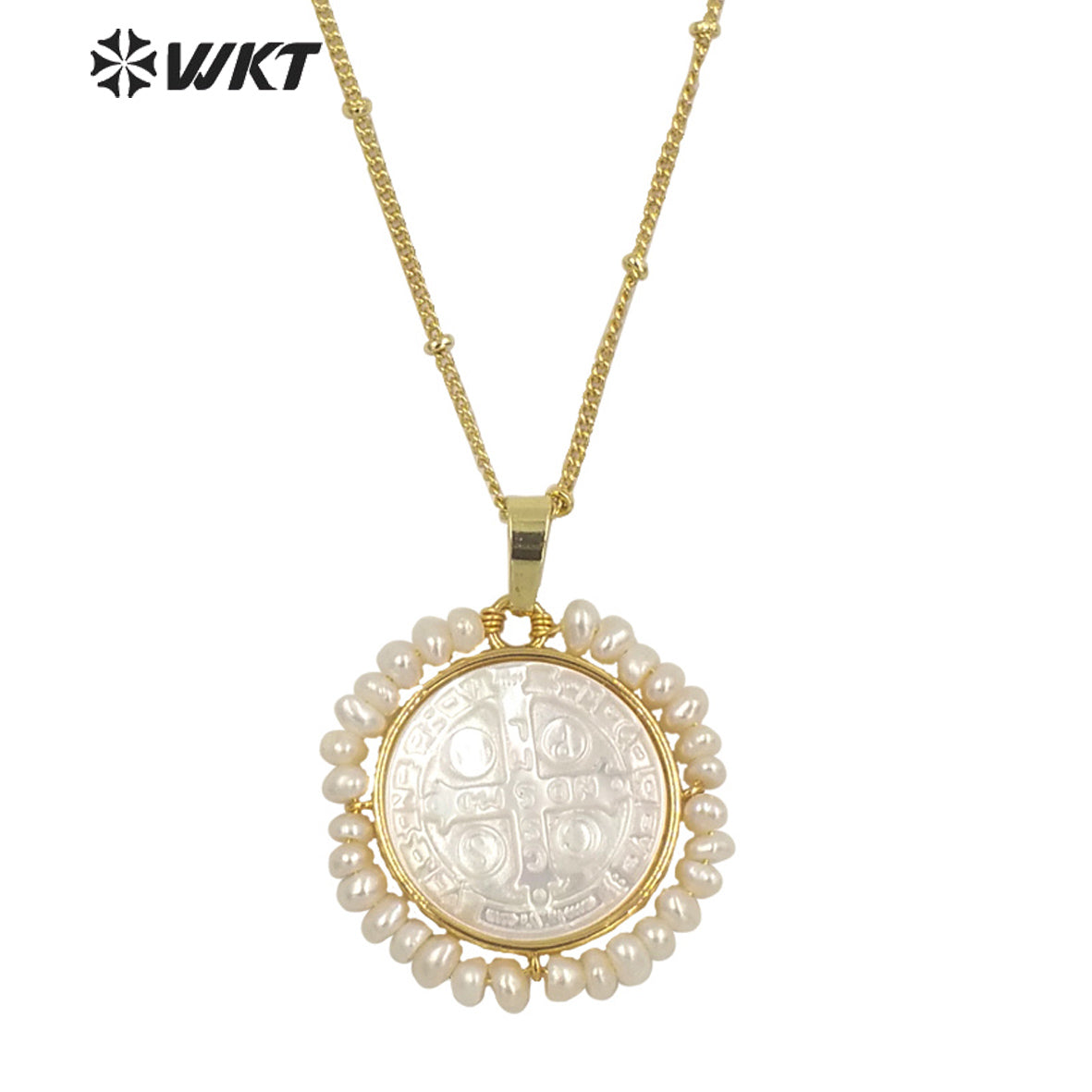 WT-JN157 Wholesale Fashion Gold Plated Handmade Handmade Wire Wrapped Freshwater Pearl Christian Cross Necklace in White Shell