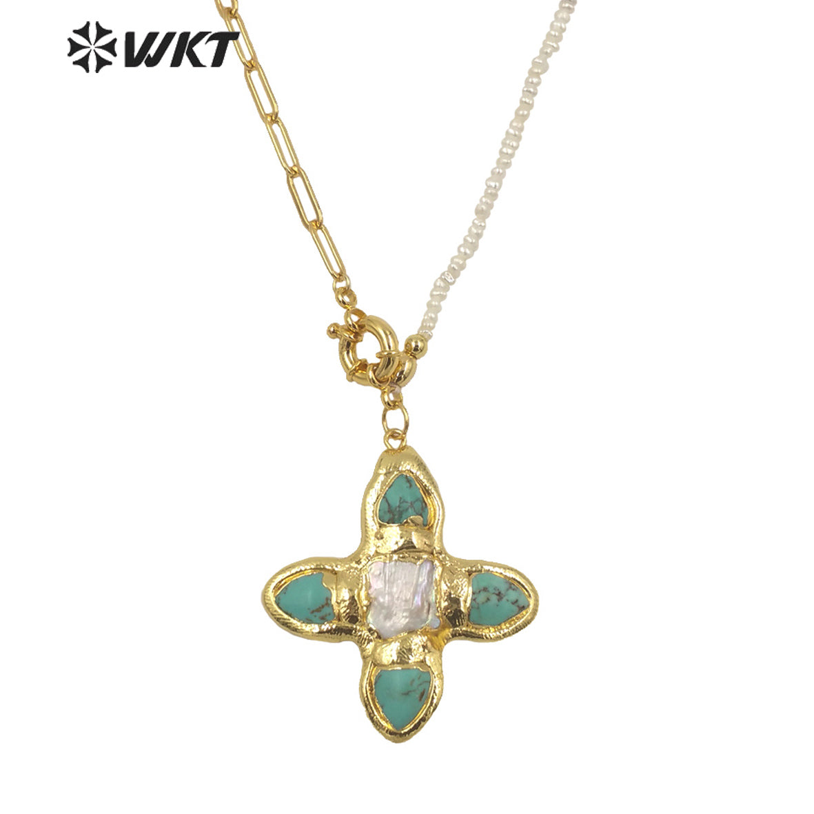 WT-JN150 WKT Newest Design Natural Turquoise and Pearl Mix Design Necklace 18k Real Gold Plated Elegant Office Lady Necklace