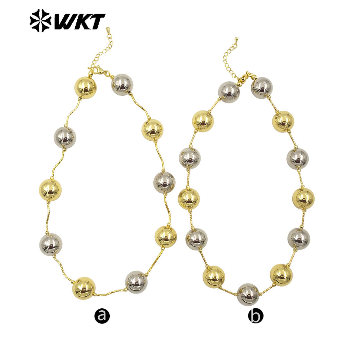 WT-JFN07 Wholesale Fashion 18K Gold Plated Resist Tarnishable Round Big Brass Ball Beads Necklace With Popular Connect Pipe