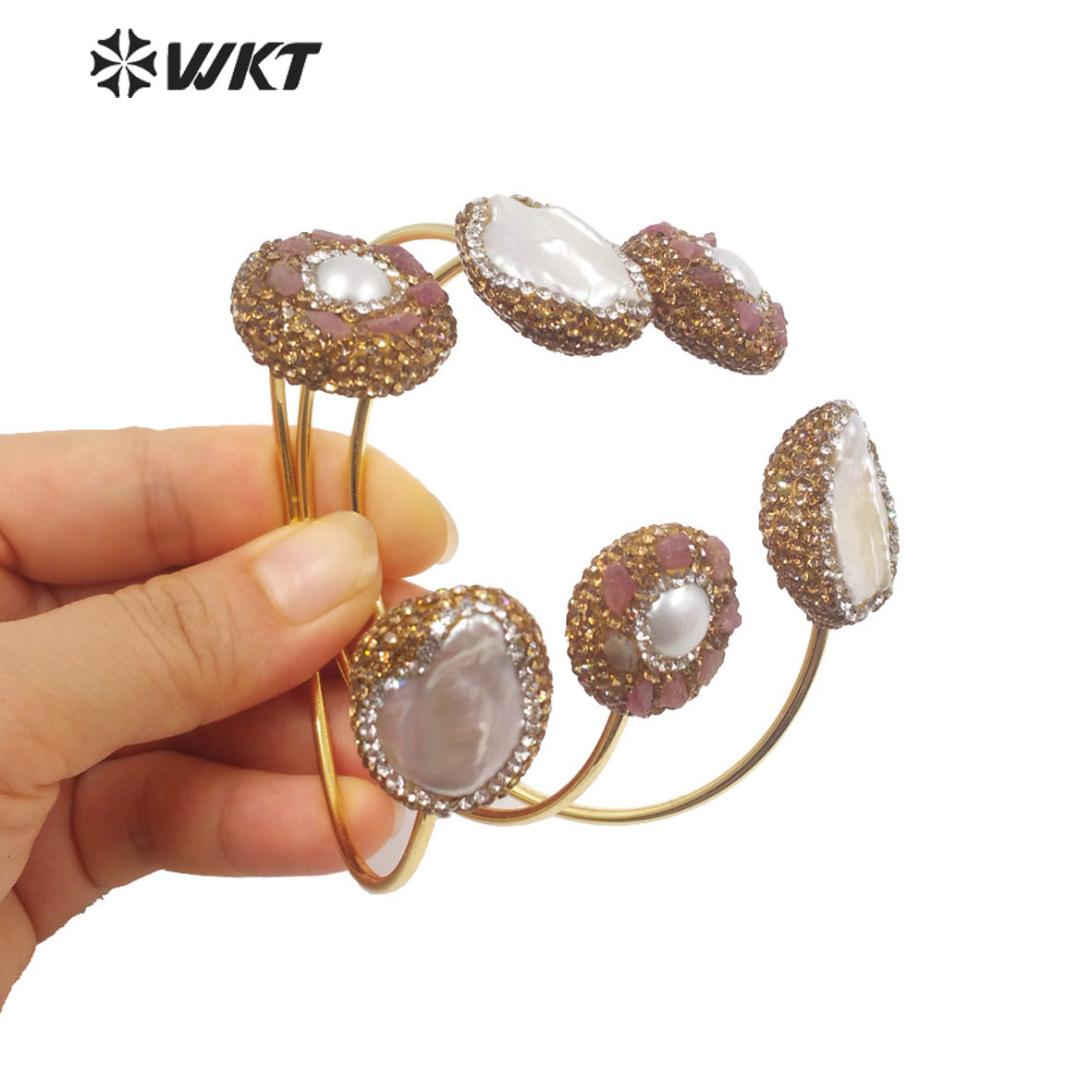 WT-MPB087 Europe Hot Popular Gorgeous Women Double Freshwater Pearl Bangle in Opening Size Elegant Anniversary Gift Bangle