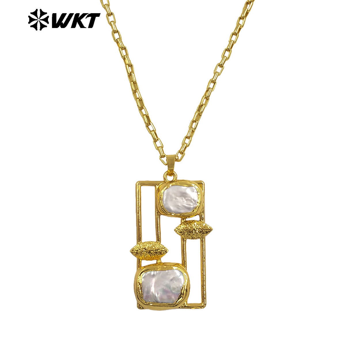 WT-JN334 Wholesale Natural Double Freshwater Pearls Gold Plated Rectangle Big Pendant Necklace For Unique Party Jewelry