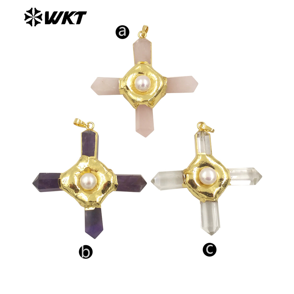 WT-P1967 Wholesale Fashion Gold Plated Cross Healing Energy Gemstone Point Anchor Pendants Special Rose Quartz Jewelry