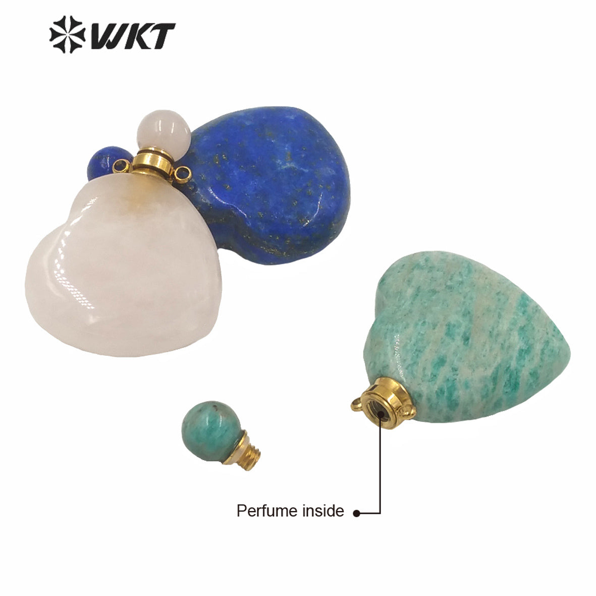 WT-P1604 Wholesale Gorgeous Unique Natural Stone Heart Perfume Bottle Pendant Double Loops Gold Stone Bottle Pendant
