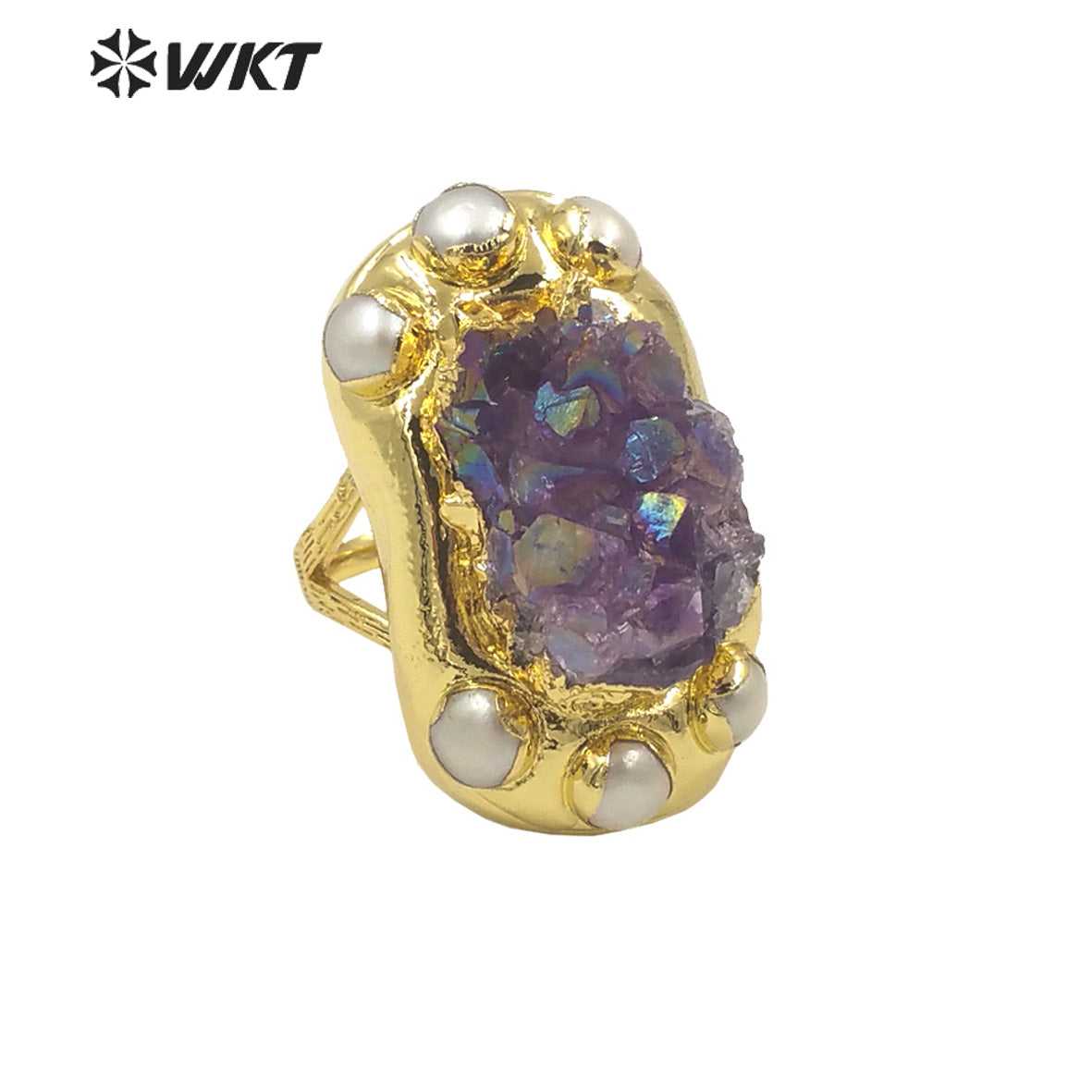WT-R502 Fashion Women 18K Real Gold Plated Long Shape Natural Aura Druzy Amethyst Stone Ring With Freshwater Pearl Charms Around
