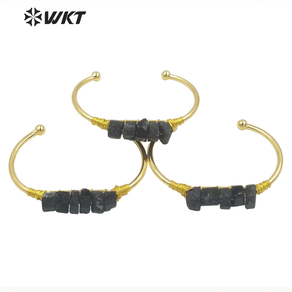 WT-B595 WKT Exclusive Natural Black Tourmaline Stone Bangle Opening Adjustable Gold Bracelet Party Gift Jewelry Bangle