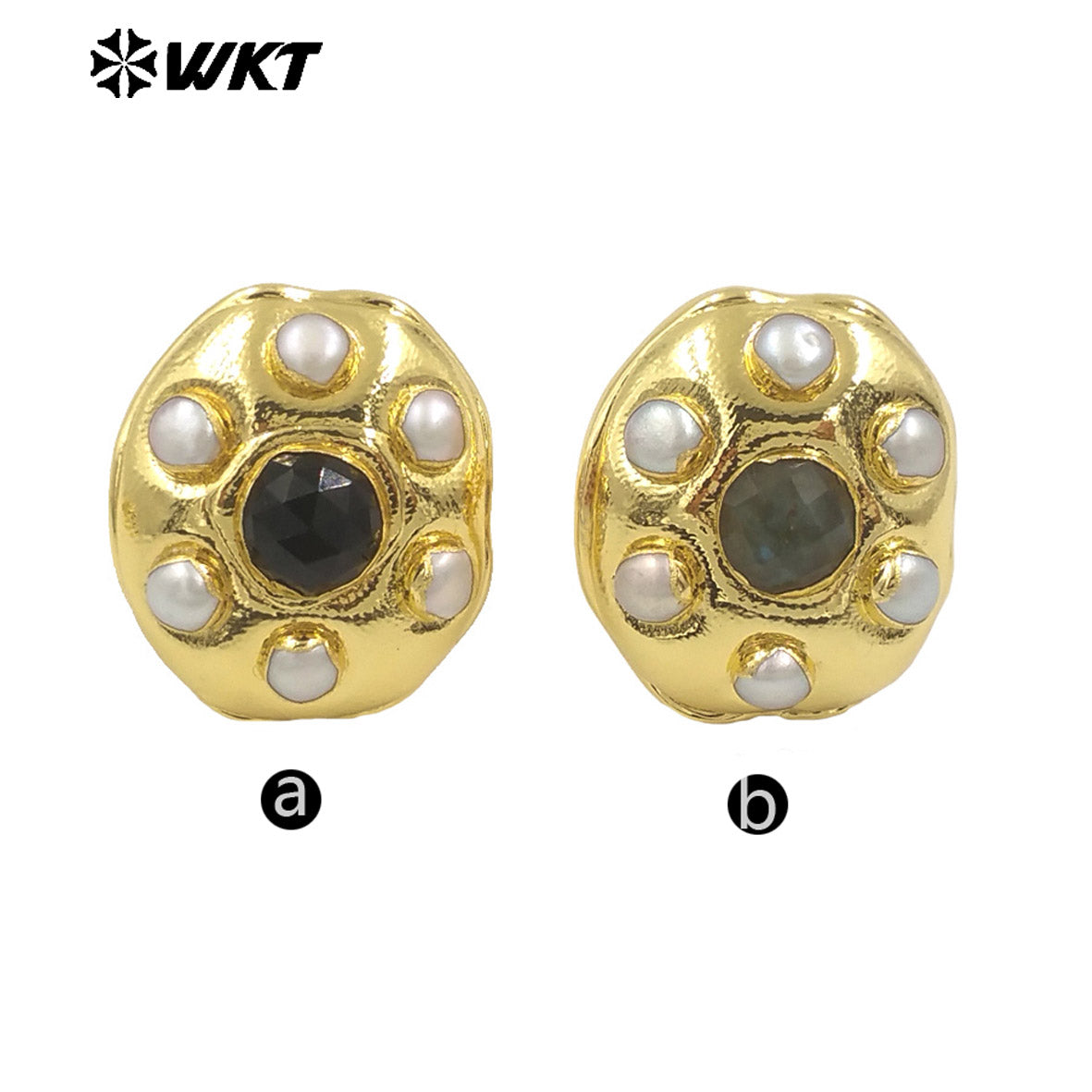 WT-MPR115 High Quality Unisex 18K Gold Plated Six Pearl and Natural Black Stone Round Shape Ring Exquisite Jewelry Accessories