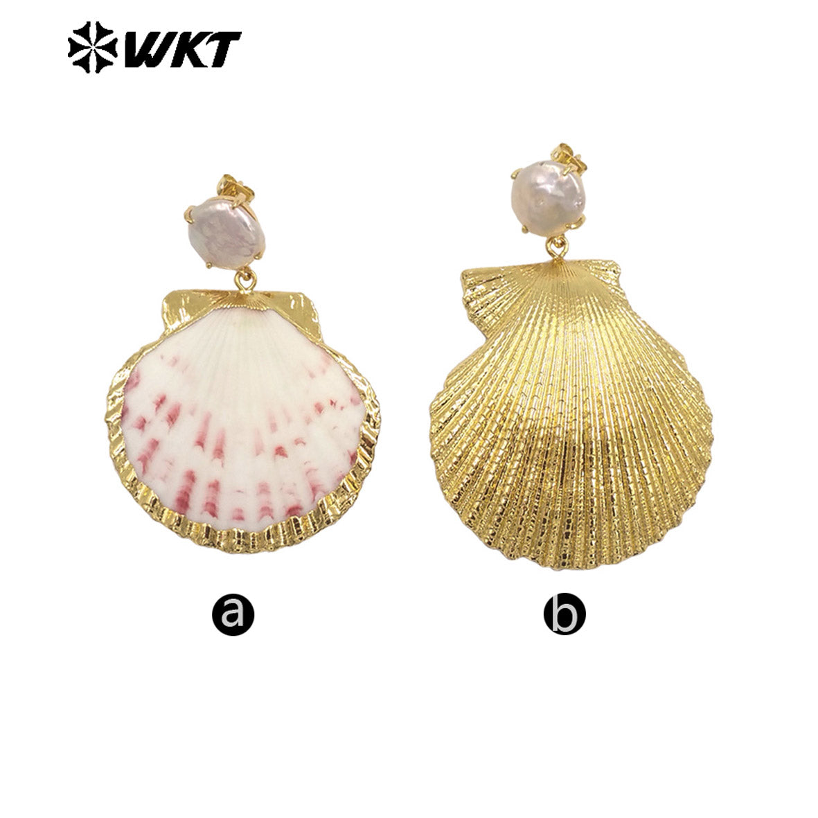 WT-MPE164 Popular Sales Ladies 18K Gold Natural Scallop Shell And Pearl Earrings For Summer Beach Vacation Jewelry Accessory