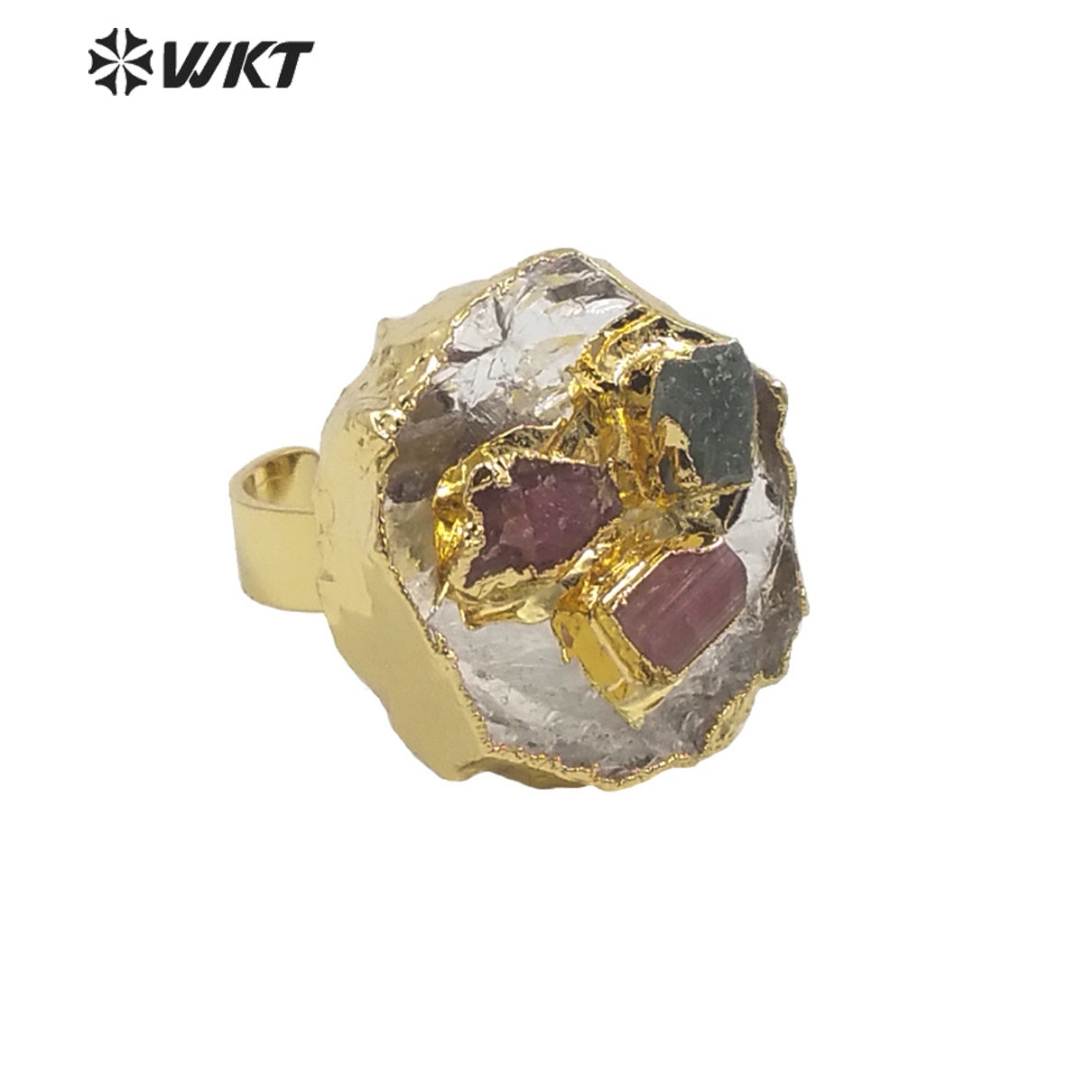 WT-R400 Vintage Natural Crystal Quartz Pendant Tourmaline Inlaid Ring Noble Gas 18k Gold-plated Women Ring Gemstone Rings