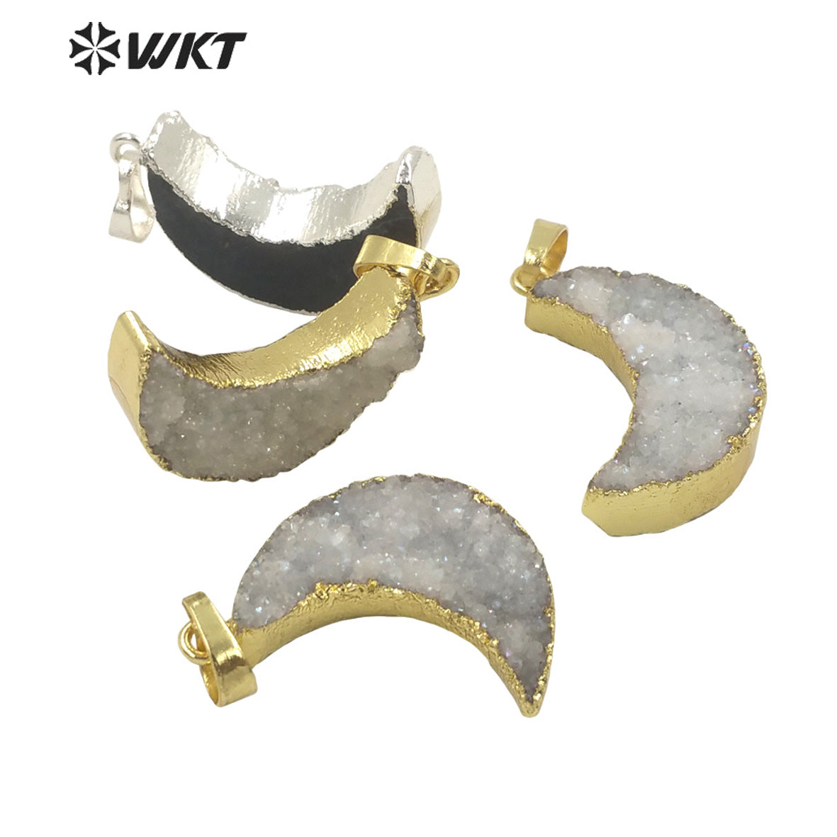 WT-P1706 Super Hot Natural Druzy Quartz Moon Pendant with Angel Color Fashion Women Jewelry Crescent Moon Stone Pendant