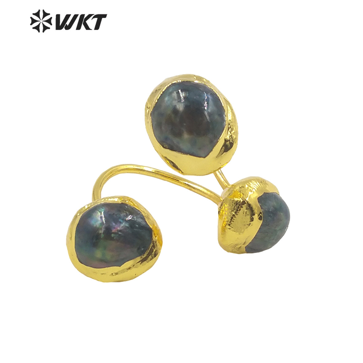 WT-MPR026 WKT 2022 Restoring Ancient Ways Natural Black Pearl Ring Style Natural MOP Ring Triple Ball Gold Plated Rings Women's
