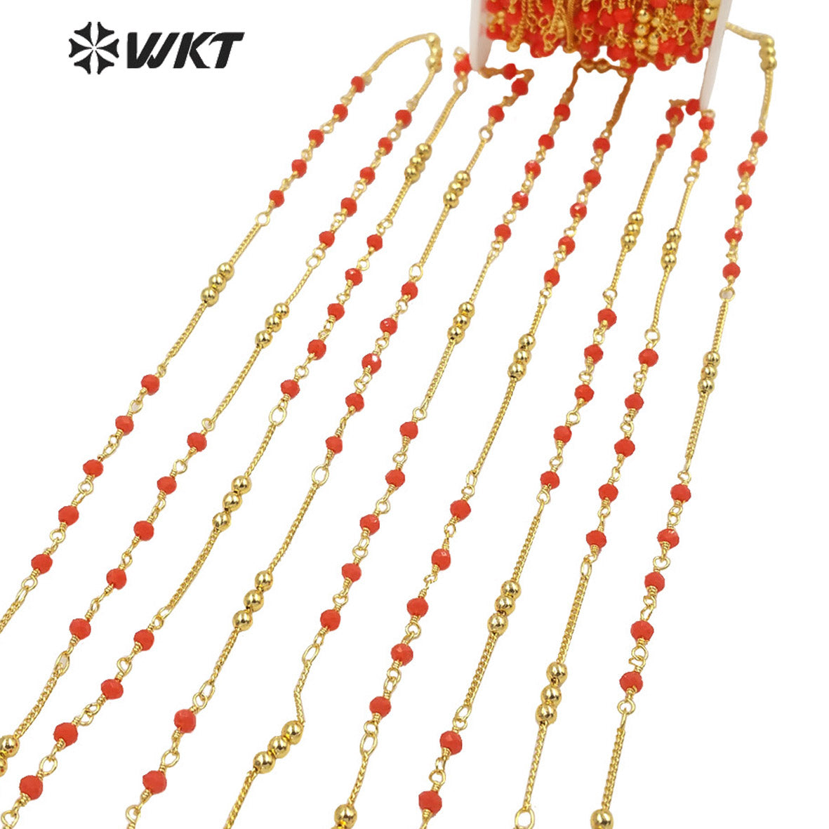 WT-RBC200 Wholesale Fashion Gold Plated Orange Red Color Multi Beads Link Chain Sell by Meter Jewelry DIY Jewelry Necklace Chain