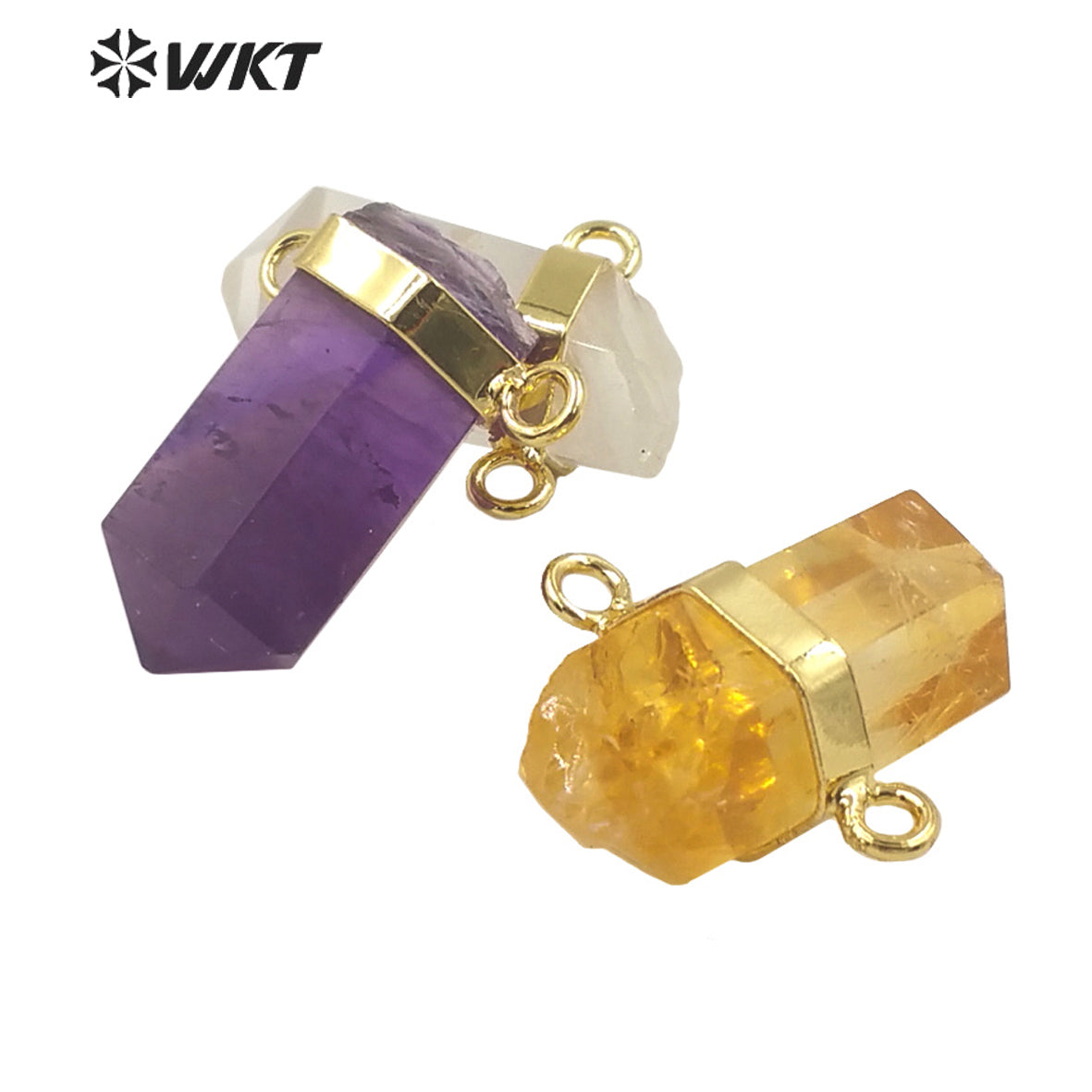 WT-P1763 Graceful Double Loops Hexagonal Cylinder Natural Stone Pendant Energy Citrine Crystal Pillar Pink Quartz Amethyst