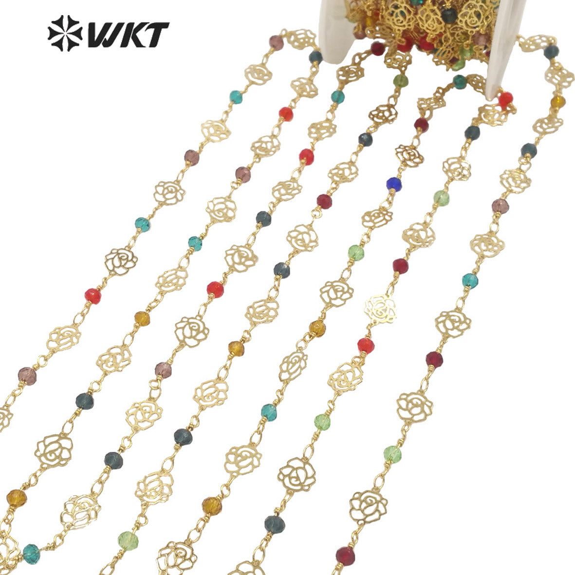 WT-RBC216 Amazing Gold Colorful Crystal Beads Rosary Chain with Rose Flower Chains DIY Jewelry Findings Beads Chain by Meters