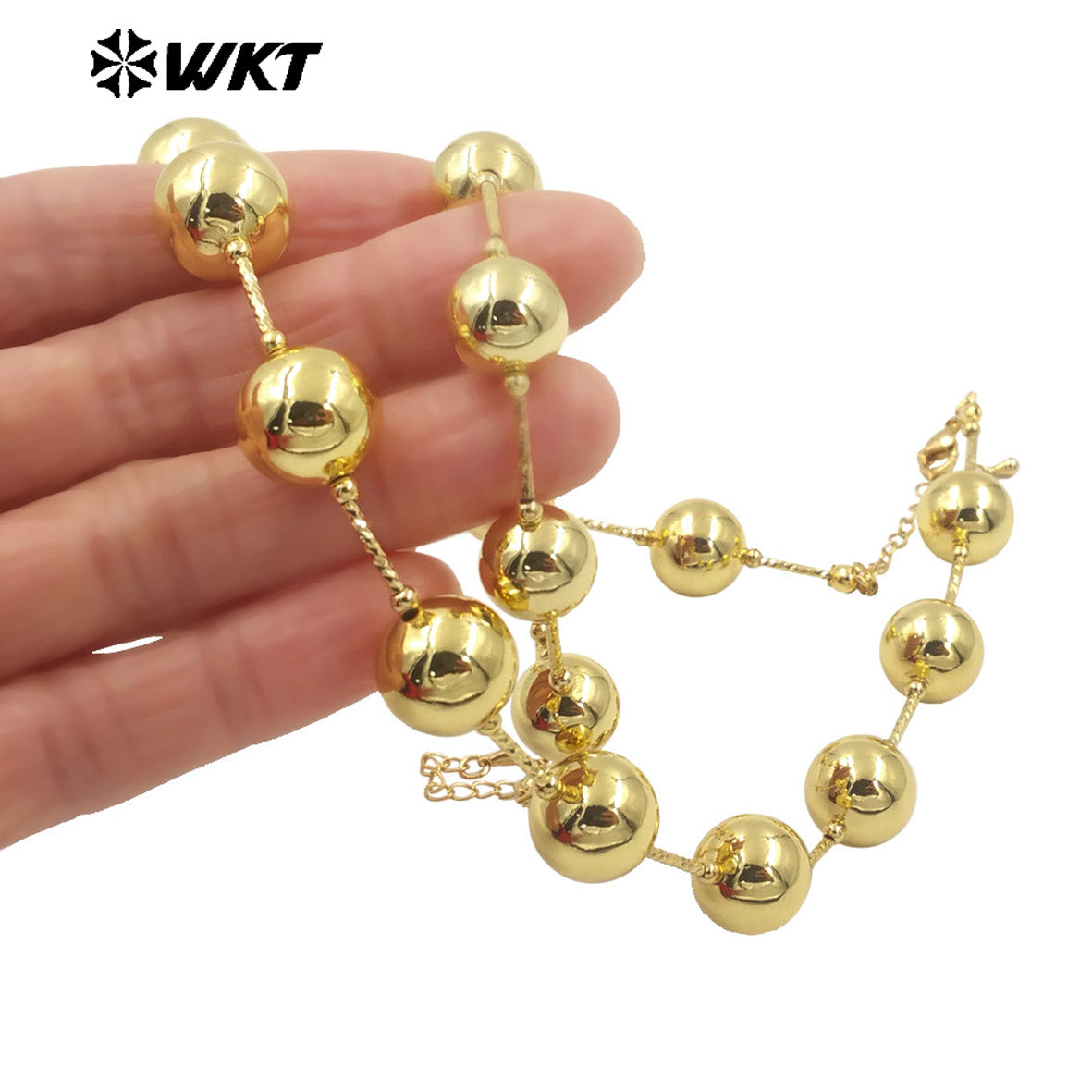WT-JFN08 New Punk Style Women Hand Strand Big Brass Beads 18K Gold Plated With Pipe Connector Metal Necklace