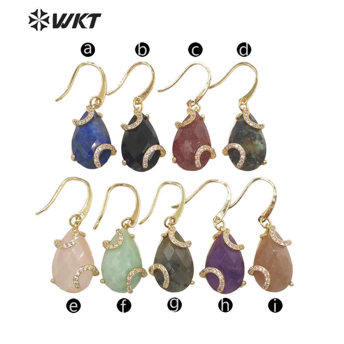 WT-E688 Wholesale Fashion Gold Prong Setting Natural Teardrop Stone Earrings Gorgeous Faceted Gemstone Micropaved Pear Earrings