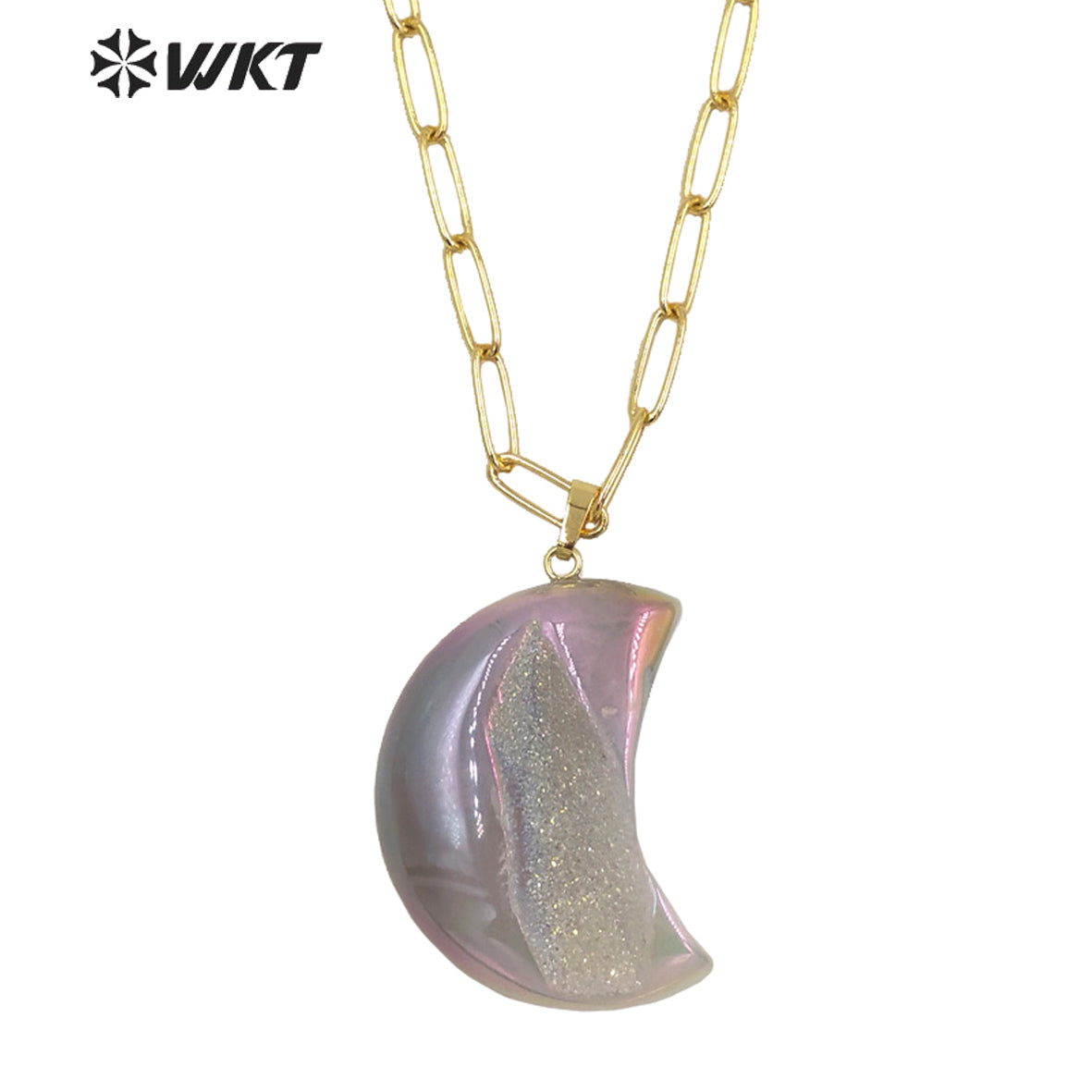 WT-N1393 Wholesale Fashion Gold Aura Druzy Agate Stone Necklace Grey Geode Agate Moon Necklace with Link Chain Healing Necklace