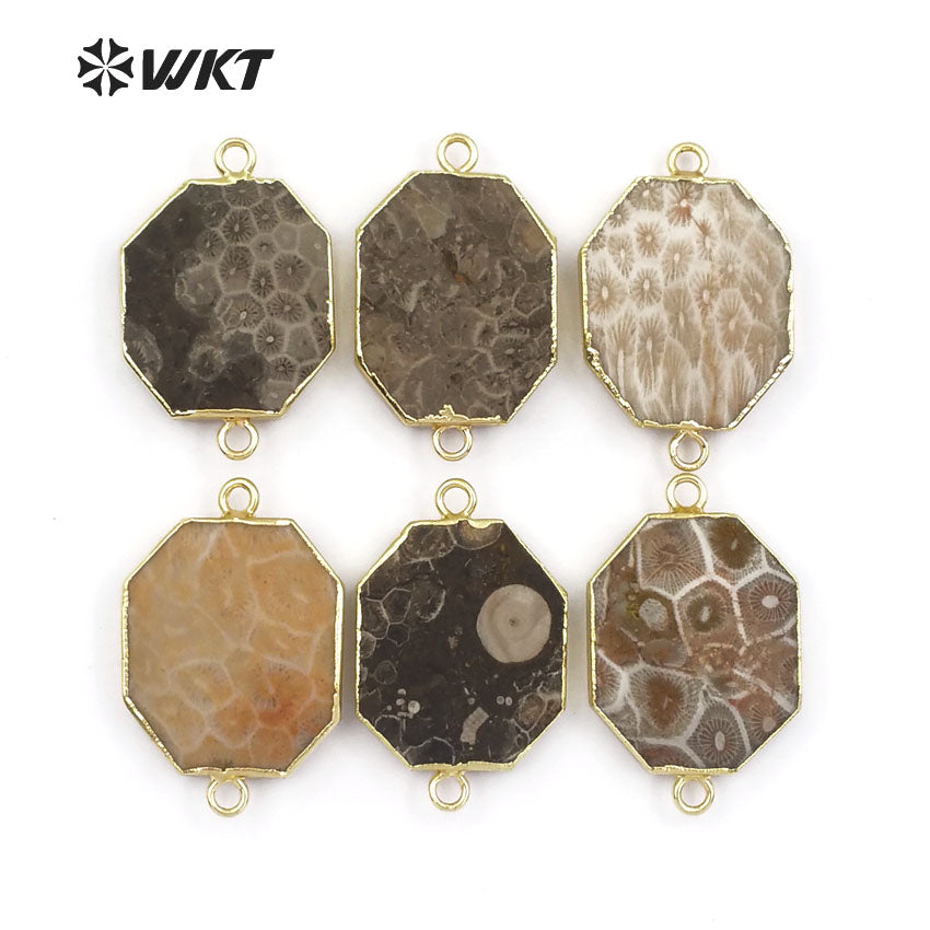 WT-C261 Gold Bezel Pendant Polygon Stone Chakra Collection for Women Jewelry Making Natural Ocean jasper Stone Connectors