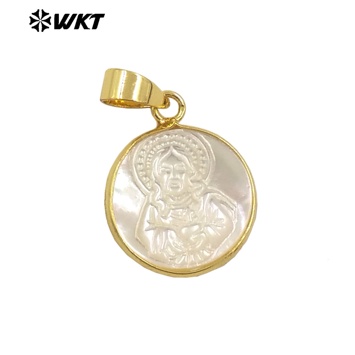 WT-JP375 Amazing Fashion Gold Plated Metal Around 16mm Natural Shell Carved Religious Jewelry Pendants