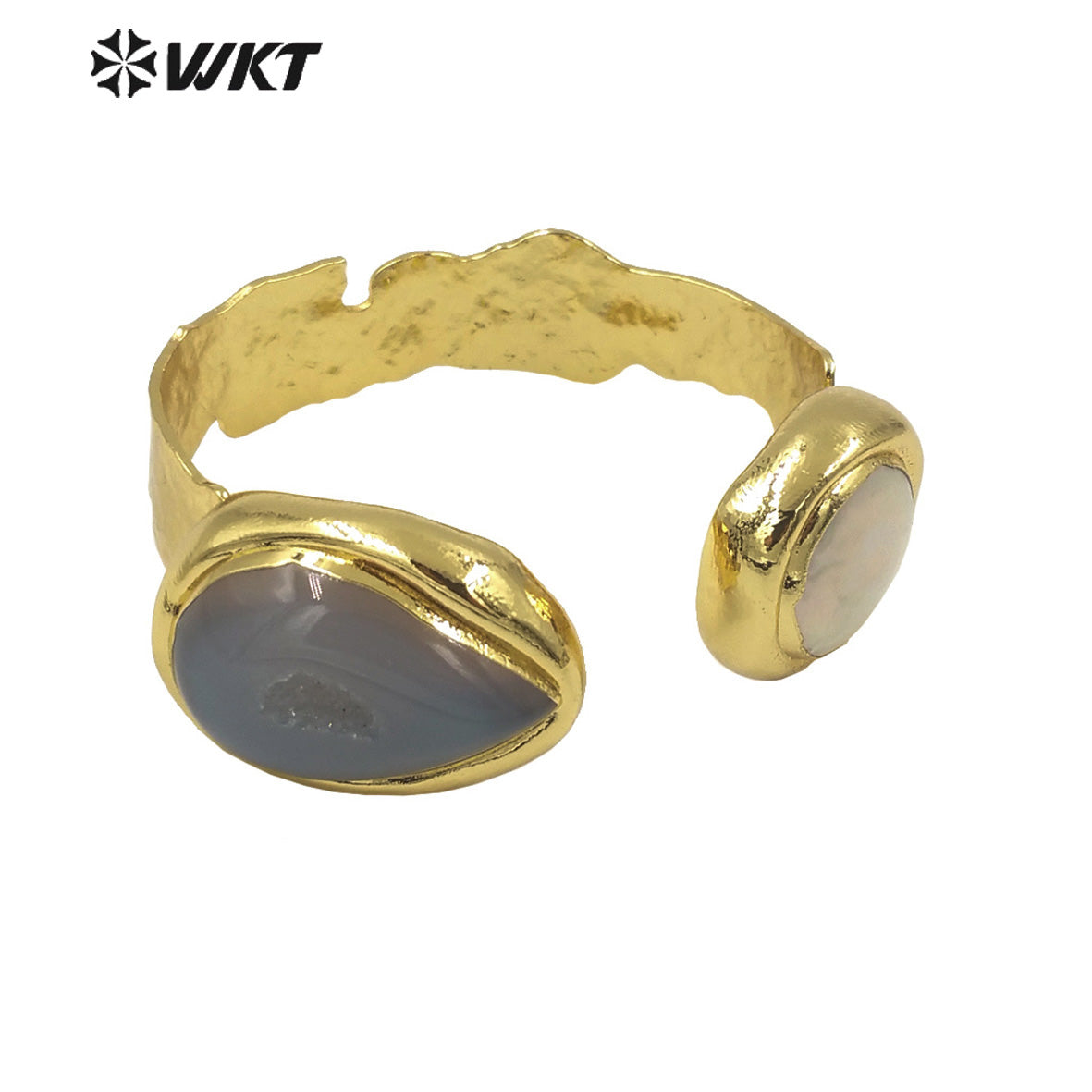 WT-B653 Wholesale New Gorgeous Natural Teardrop Druzy Geode Agate and Real Pearl Bangle in Adjustable With 18k Gold Plated