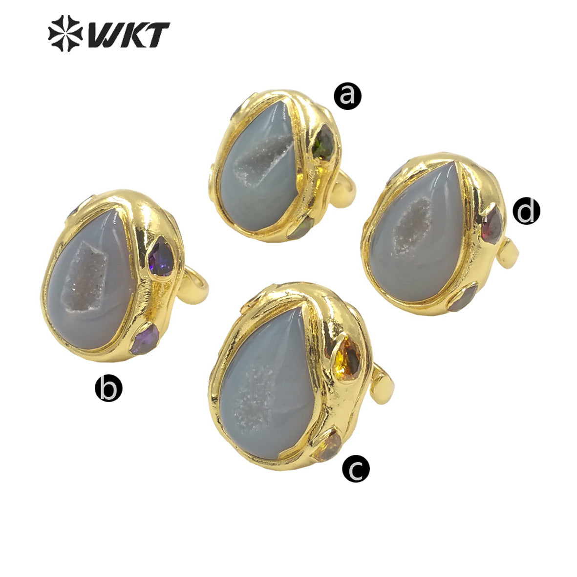 WT-R500 Gorgeous 18K Gold Plated Natural Druzy Geode Agate Teardrop Fashion Designer Unique Grey Stone Jewelry Ring