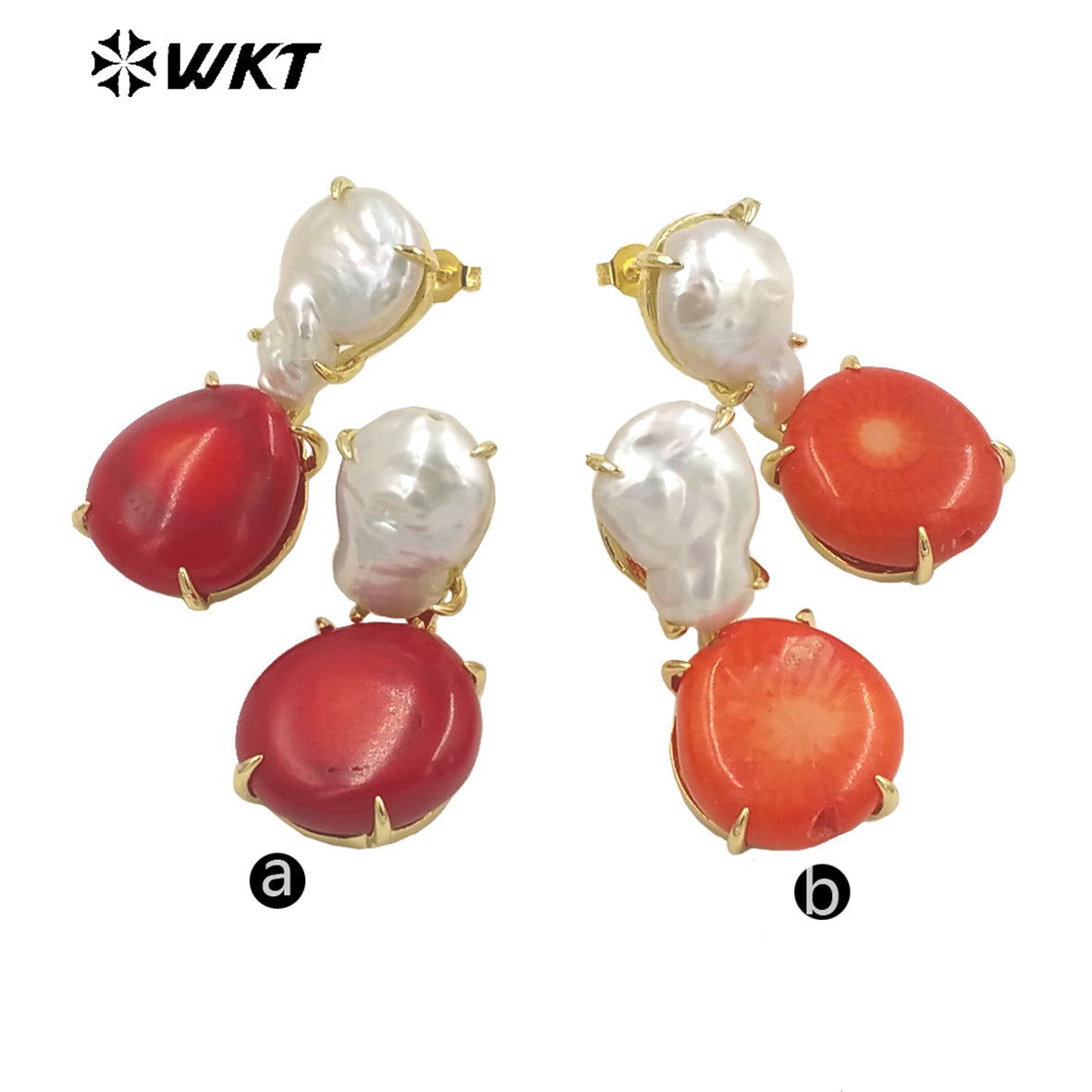 WT-MPE096 Wholesale Fashion Gold Plated Claw Setting Coral Pearl Earrings Women Trendy Boho Pearl Studs for Friend Gift