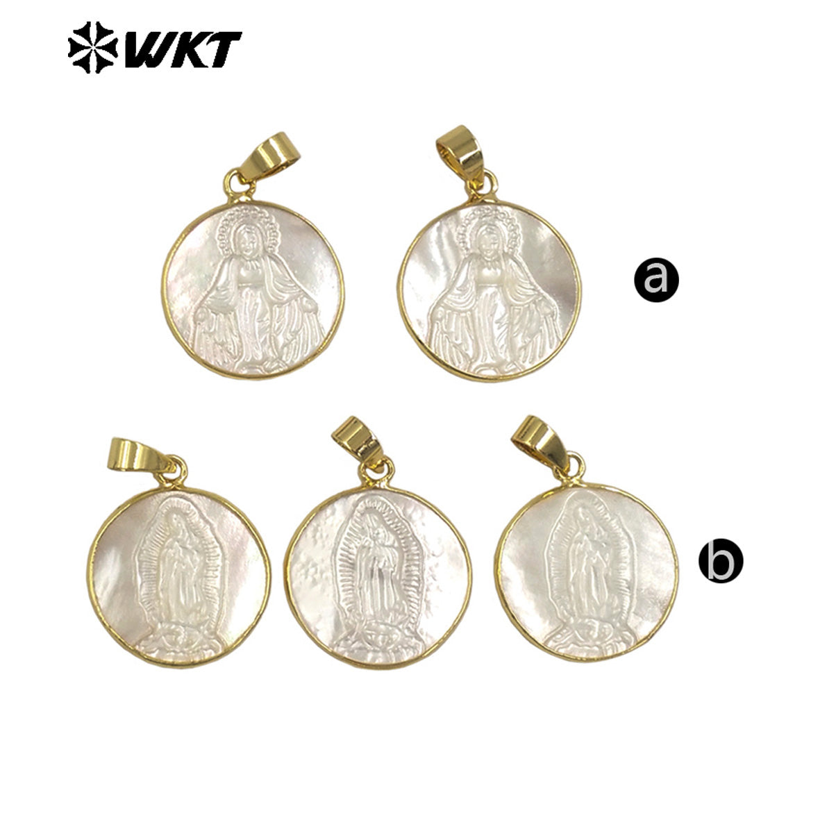 WT-JP042 New Arrival White Shell Virgin Mary Jesus Christ Pattern Round Metal Electroplated for Women Jewelry Shape Pendants
