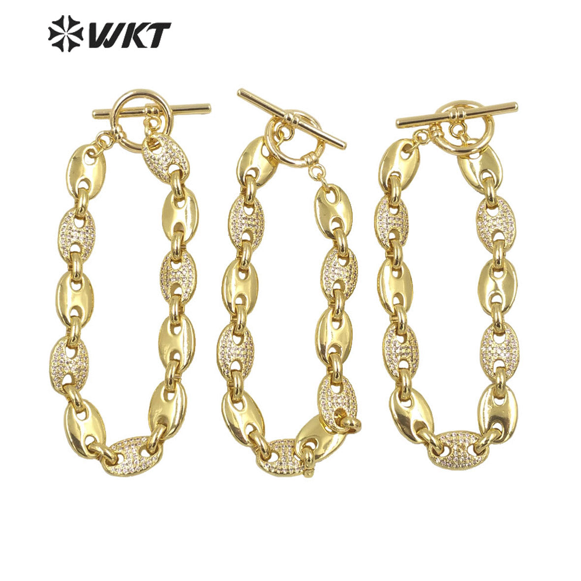 WT-MB119 Wholesale New Coffee Bean Cubic Zircon Chunky Chain Bracelet Europe 18k Real Gold Plated Big Chain Metal Bracelet