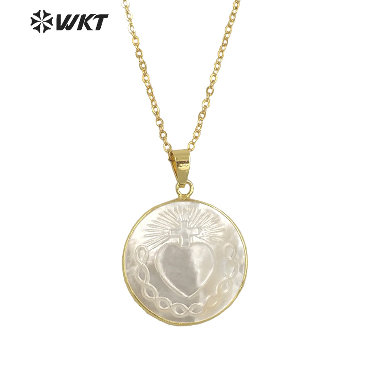 WT-JN181 Women 18k Real Gold Plated Resist Tarnishable Religious Mary Saint Heart Necklace Made of Pearl Shell Necklace