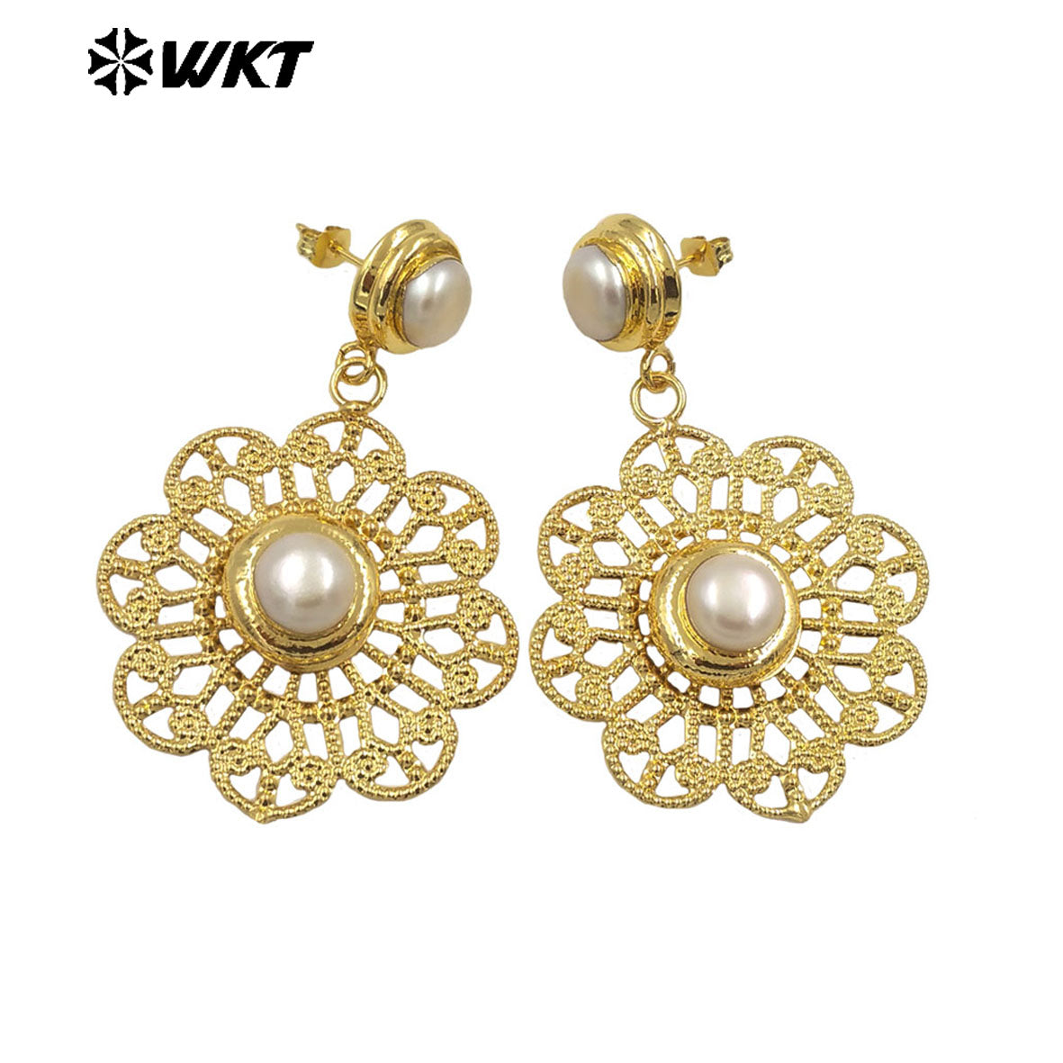 WT-E595 Wholesale Fashion Gold Plated Hollow Out Pearl Earring Women Charming Round Dangle Natural Pearl Earring