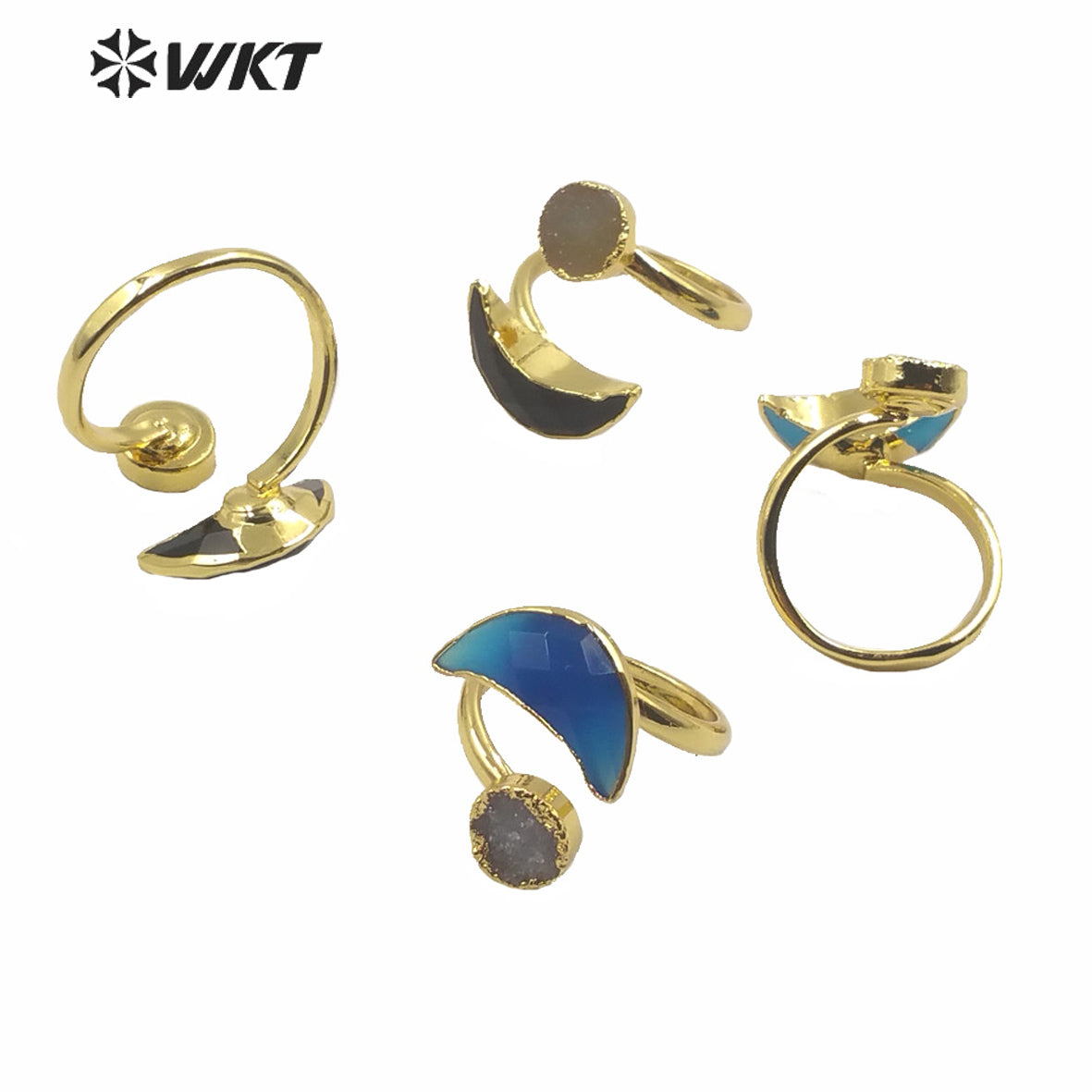 WT-R357 Wholesale Women Double Stone Cock Tail Ring Natural Gold Electroplated Druzy Agate Stone Ring Crescent Horn Stone Rings