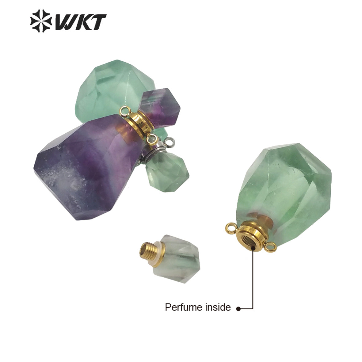 WT-P1670 WKT New Color Gorgeous Natural Rainbow Fluorite Stone Perfume Bottle Pendant with Stainless Steel Jewelry Findings