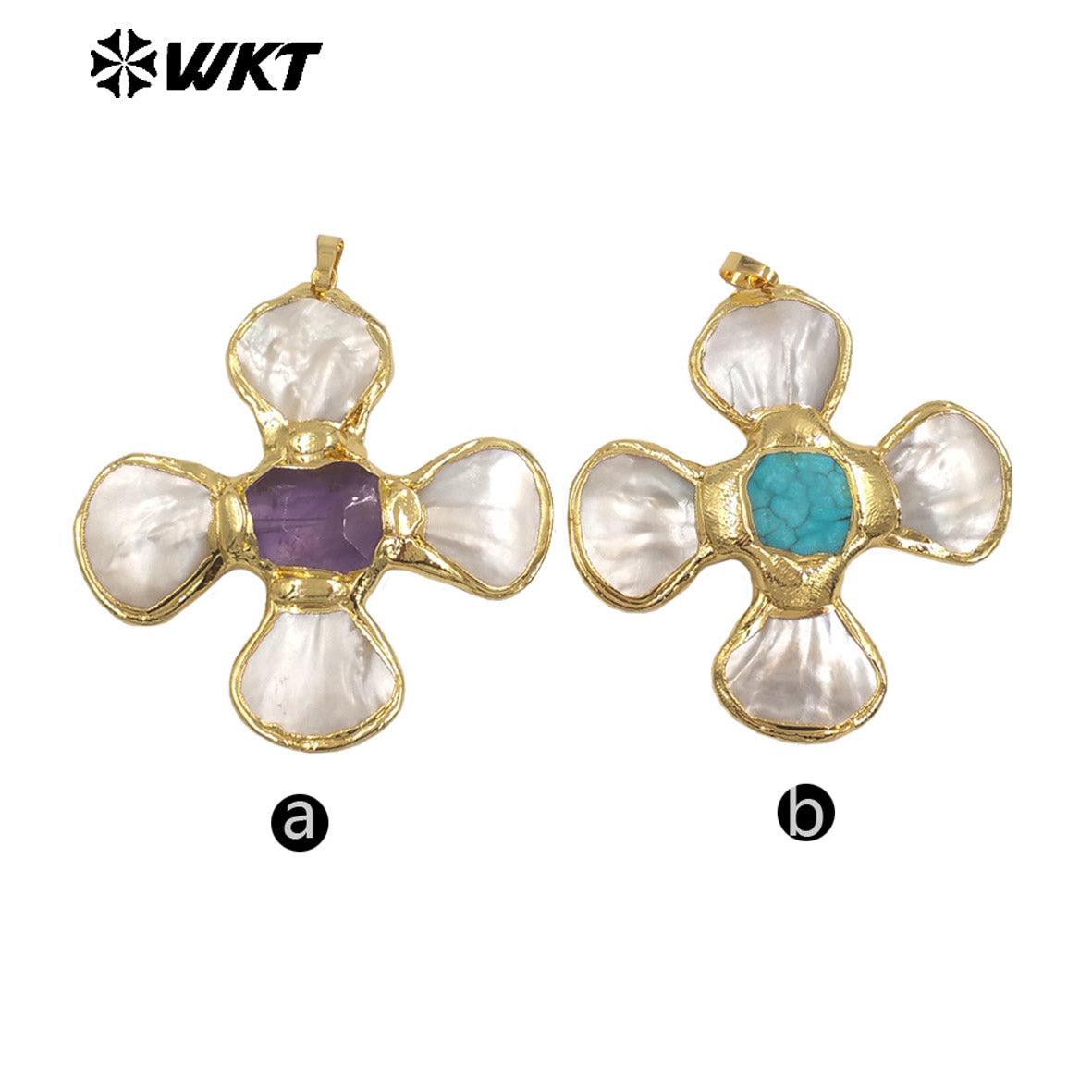 WT-JP425 Fashion Attractive Gold Plated Shell Middle With Natural Gemstones Flowers Shape Pendant For Jewelry Diy Making