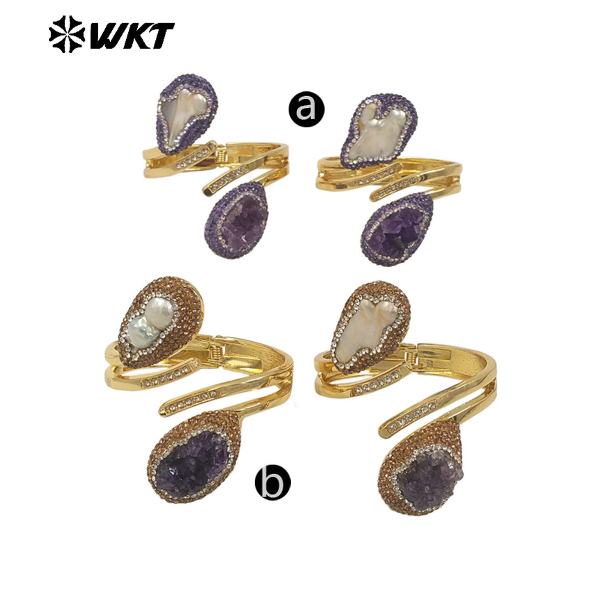 MPB126 Newest Unique Design 18K Gold Plated Natural Amethyst Stone and Pearl Bangle in Adjustable Size for Women Jewelry