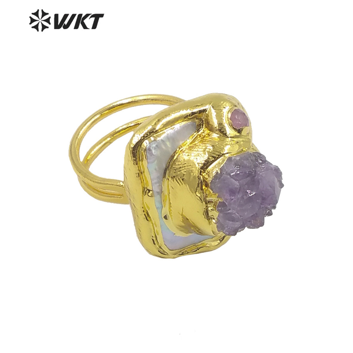 WT-MPR030 Sophisticated Design Ring Craft Pearl Ring Natural Stone Amethyst Shape 18k Gold Plated Women Stone Rings