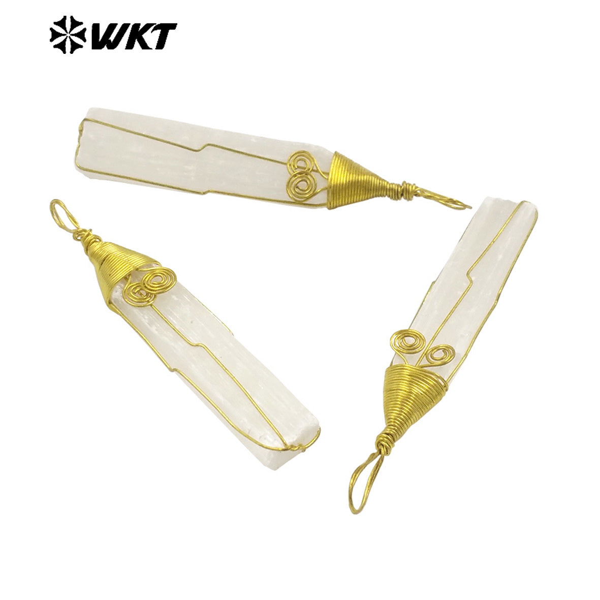 WT-P1986 Newest Fashion Gold Wire Wrapped Handmade Natural Raw White Selenite Pendants for Necklace Making