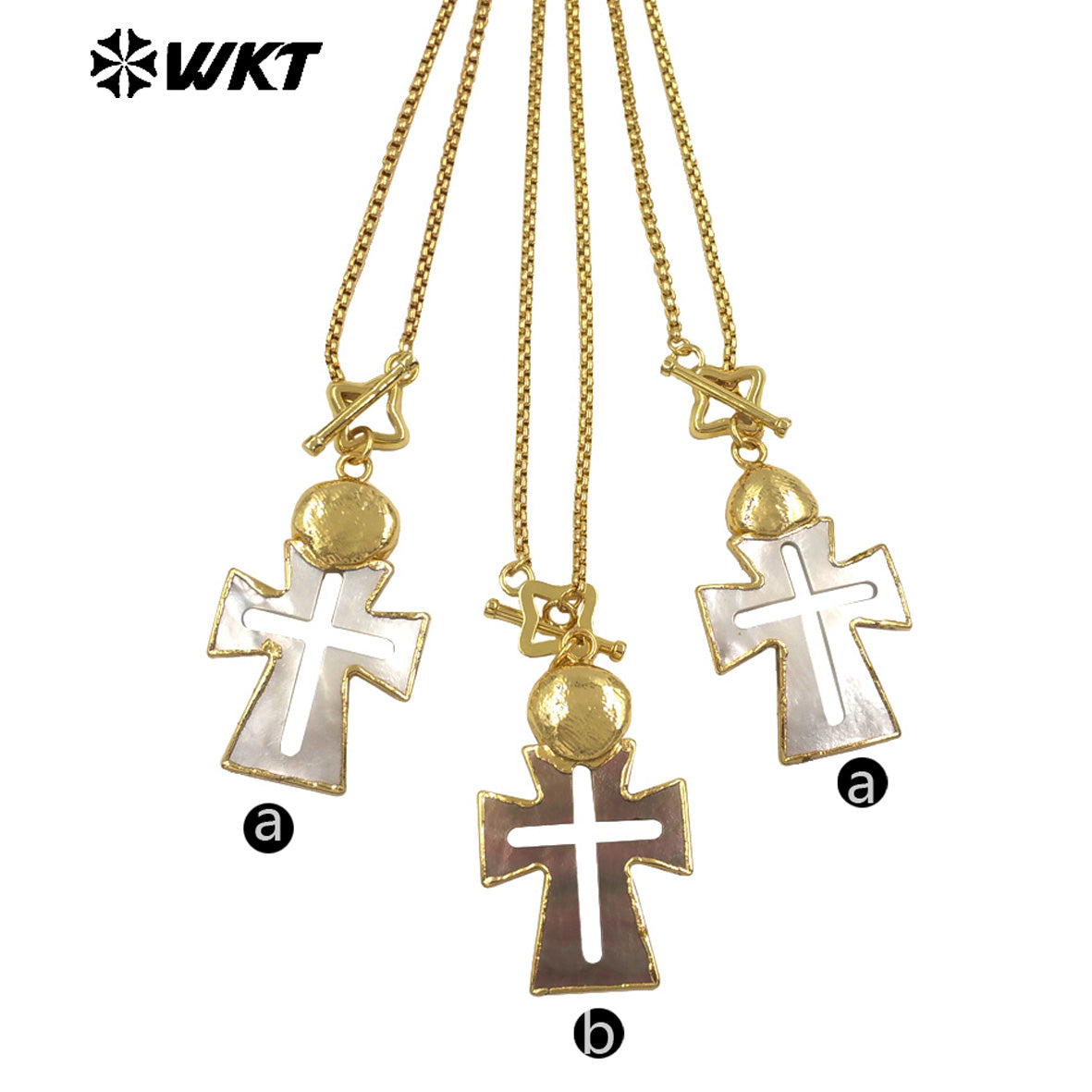 WT-JN353 Creative Gold Plated Chain With Star Clasp And Natural Shell Cross Hollow Pendant Necklace For Ladies Vintages Gift